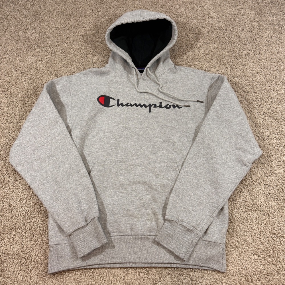 Champion Hoodie Men Medium Gray Good Script Logo Pullover Fleece Sweatshirt